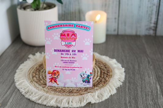 Pat’ Patrouille rose - Carte d’invitation personnalisée – anniversaire enfant