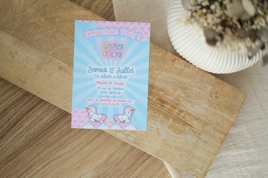 Licorne - Carte d’invitation personnalisée – Anniversaire enfant féérique et coloré